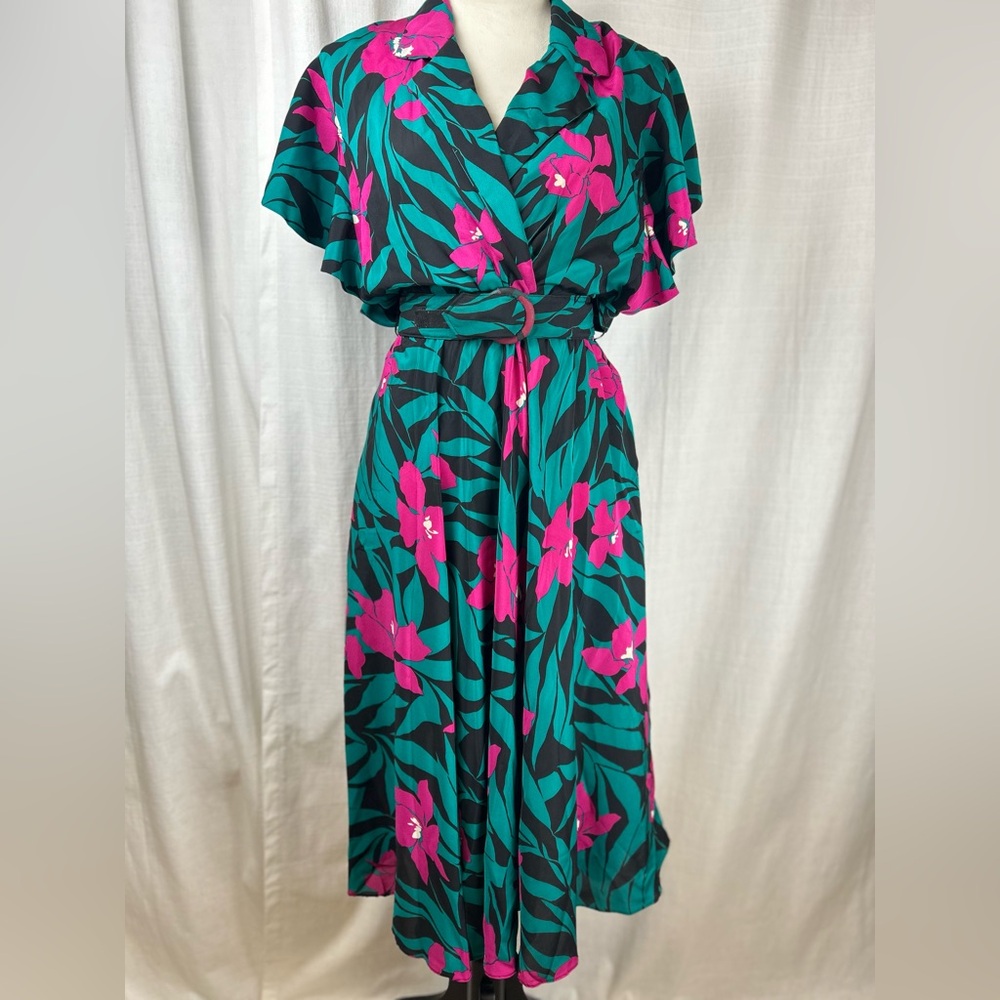 Vintage‎ 80s On The Rocks California Tropical Floral Wrap Dress Teal Pink Belted